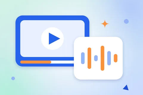 A video player with a play button, next to a card with an audio waveform