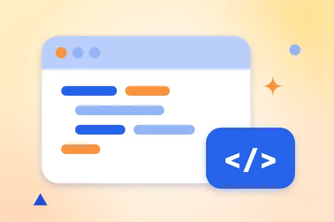 A code editor window with colored lines of code and a code tag badge