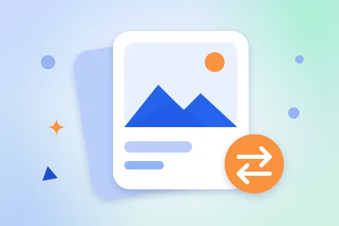 A photo card showing a mountain picture, with a round arrow badge for converting image formats