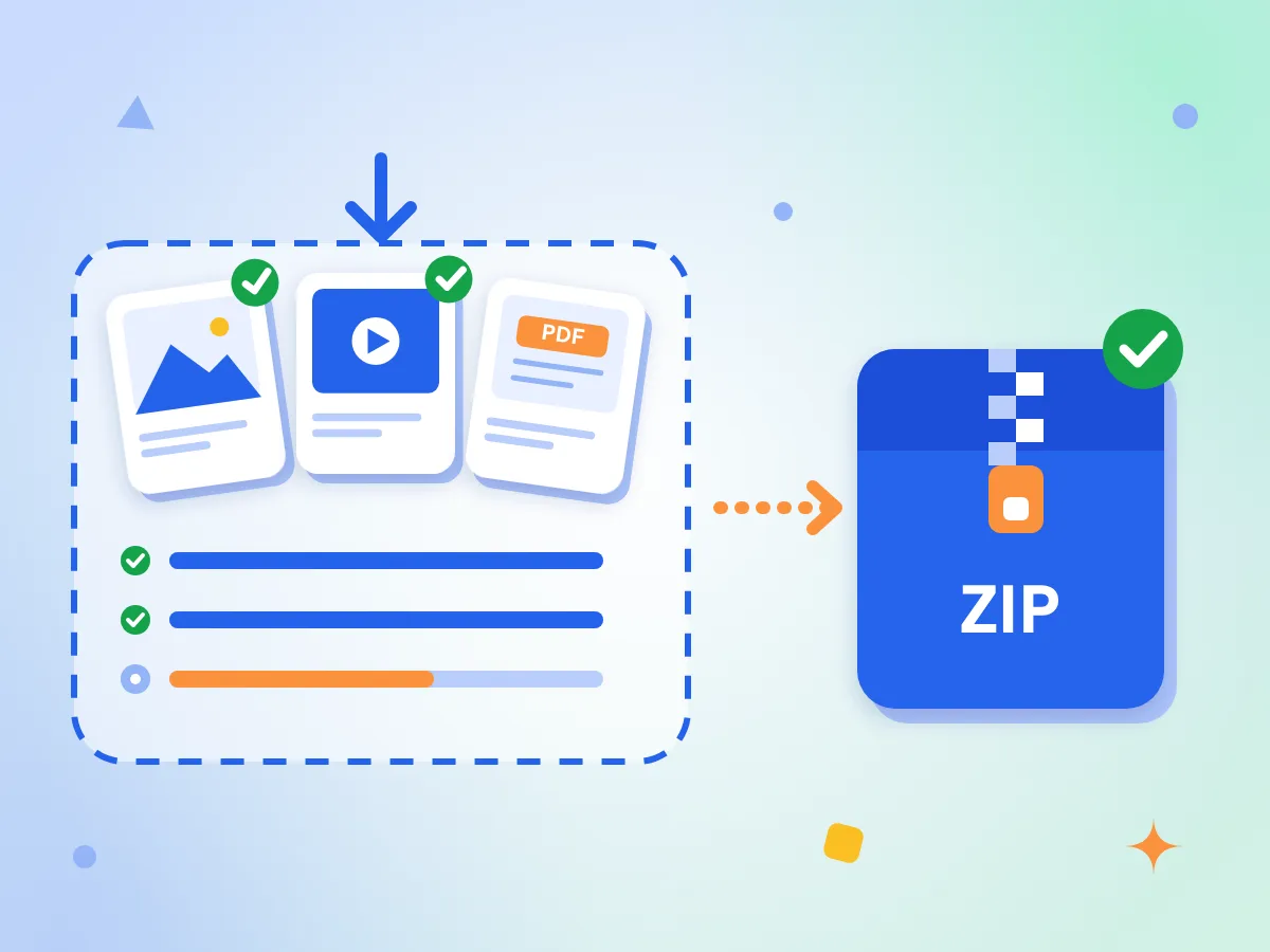 An image, a video and a PDF file dropped into a batch with progress bars, and an arrow pointing to a ZIP file with a green check
