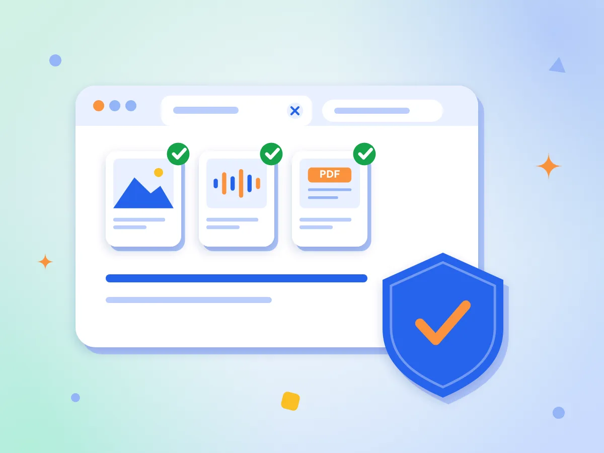 A browser window with three finished files and a blue shield with a check mark
