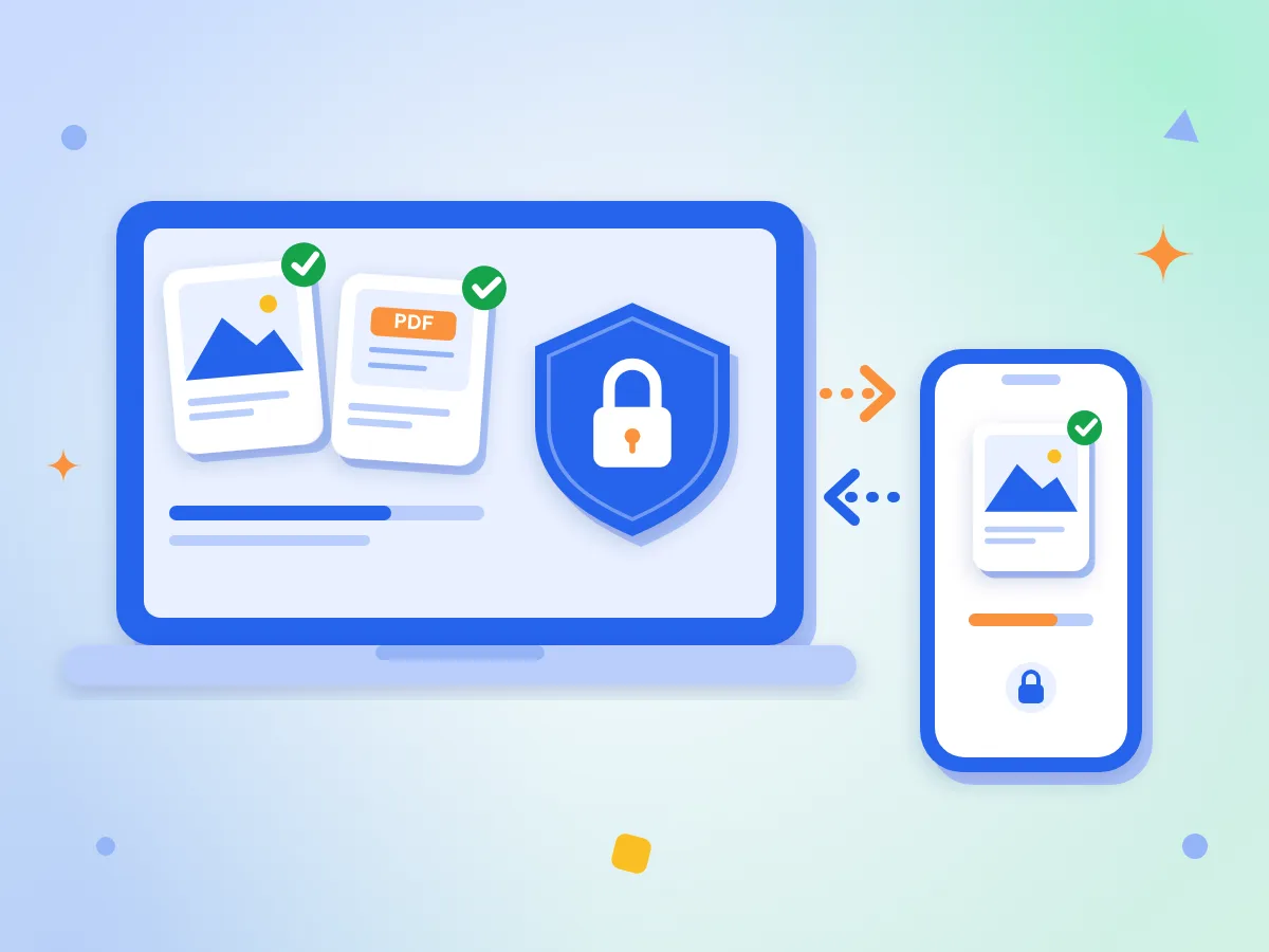 A laptop and a phone showing files, with a padlock shield on the laptop and arrows for files moving between the two devices