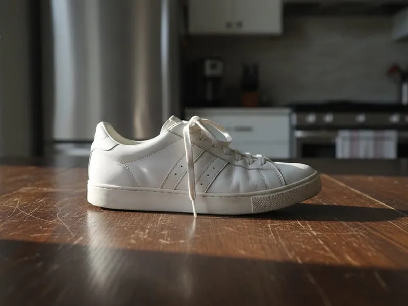 A white sneaker on a wooden kitchen table, the original photo