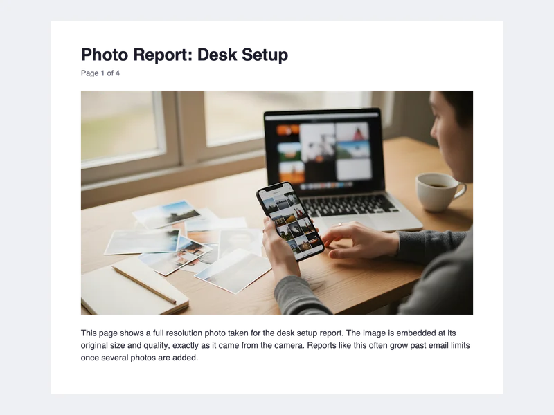 The first page of a photo report PDF, with a large desk photo above a short paragraph