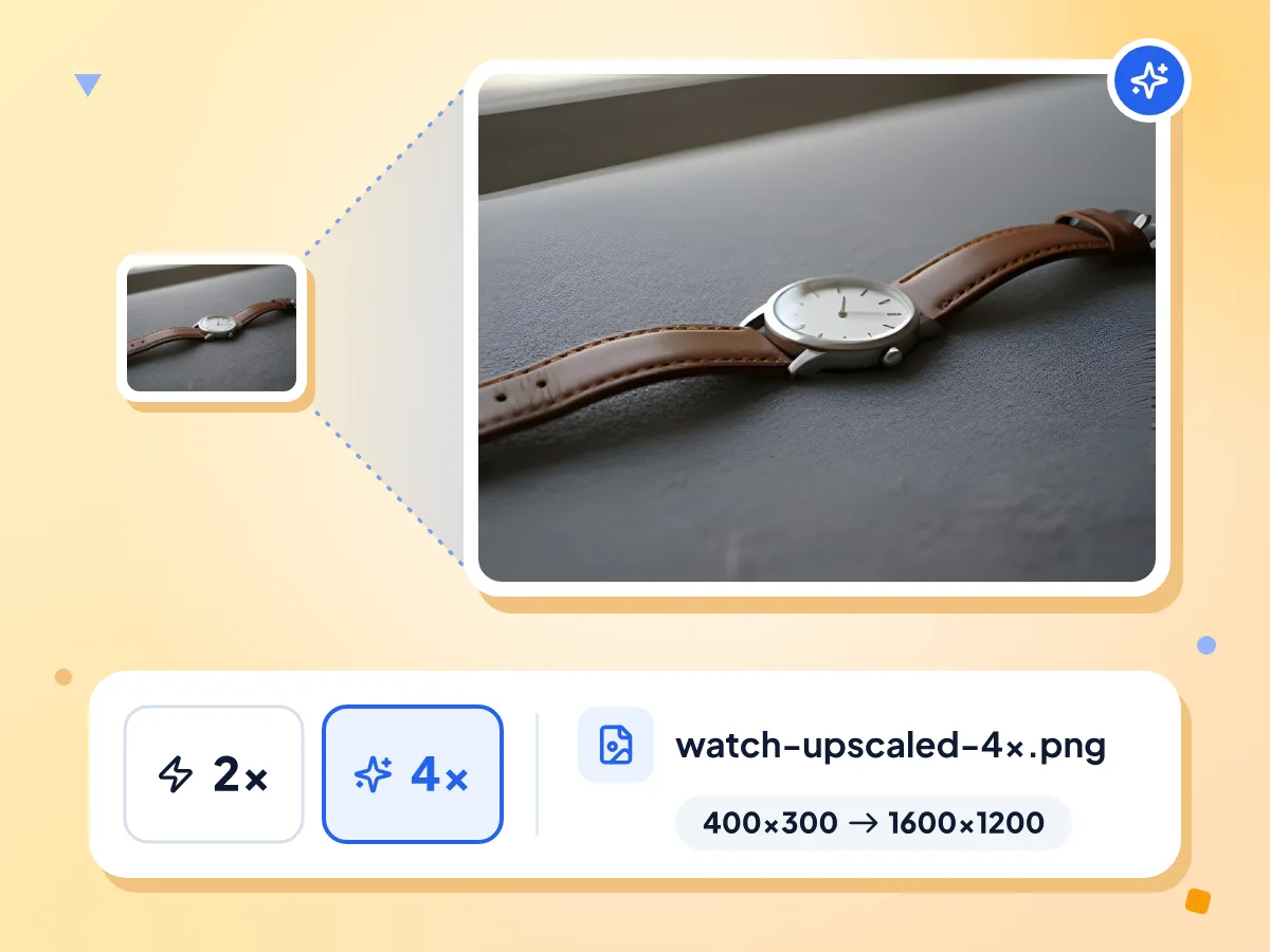 Resultado del escalador de imágenes con IA: una foto de un reloj de 400 × 300 ampliada 4x a 1600 × 1200, guardada como watch-upscaled-4x.png
