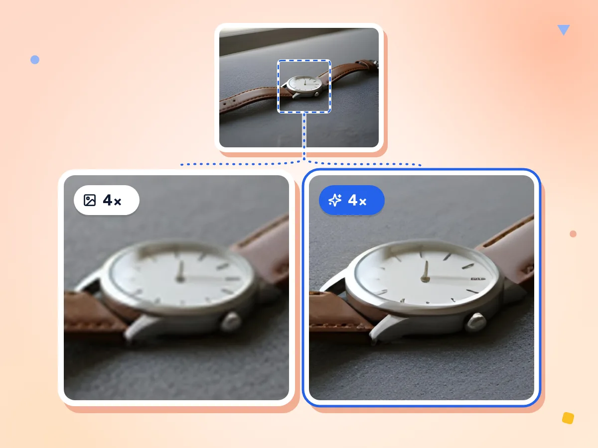 Detalle de la esfera de un reloj ampliada 4x con el escalador de imágenes con IA: un estiramiento simple y borroso a la izquierda, marcas de la esfera más nítidas a la derecha