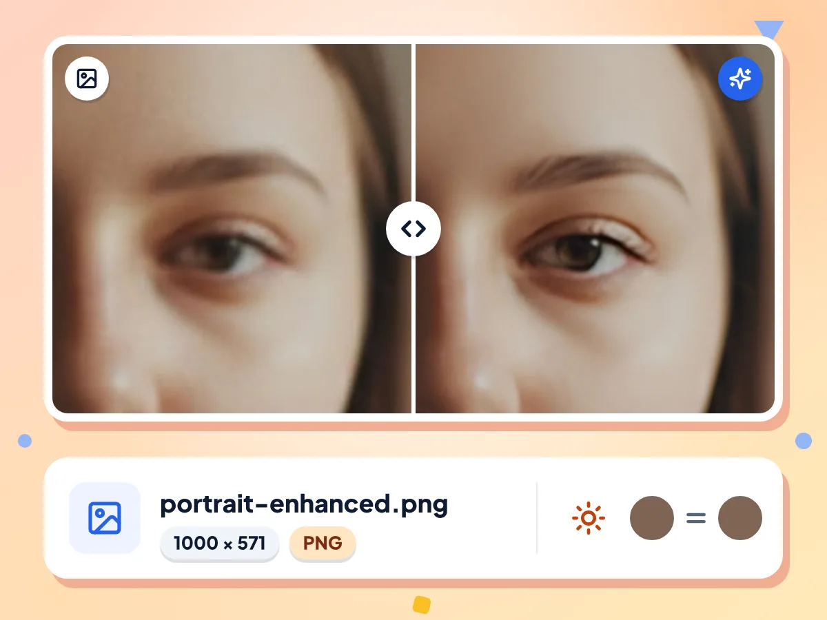 Detalhe do AI photo enhancer em um retrato suave, original à esquerda e o resultado mais nítido à direita, PNG de 1000 × 571