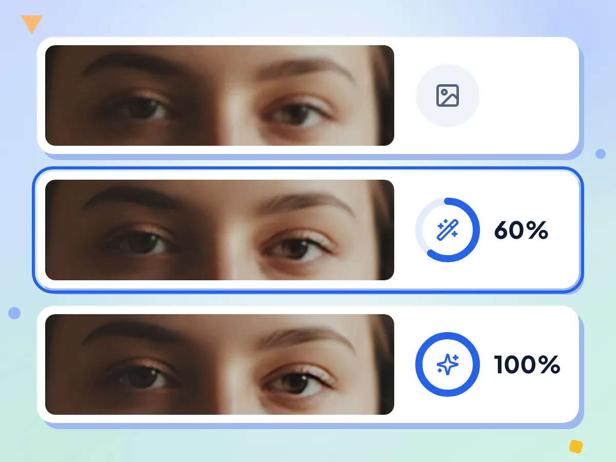 Modos do AI photo enhancer nos mesmos olhos: o original, uma mistura de 60% e o resultado 100% IA, com a mistura de 60% selecionada