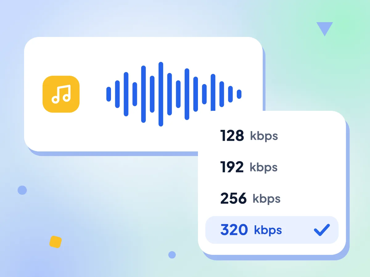 可调节的音频比特率菜单,提供 128、192、256 和 320 kbps 选项,旁边是一条声波波形