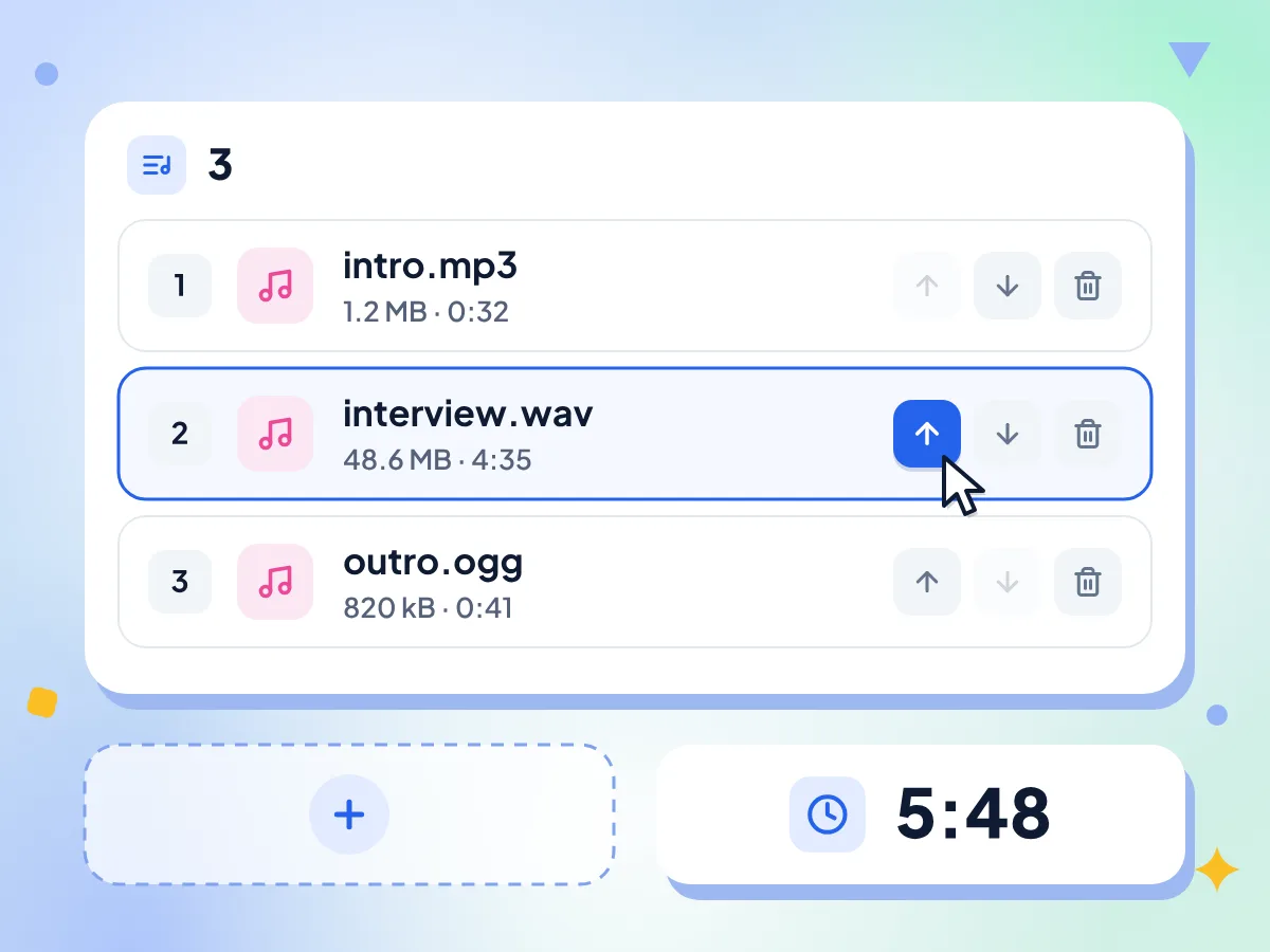 Audio-Merger mit Titelliste aus intro.mp3, interview.wav und outro.ogg, Buttons für nach oben, nach unten und Papierkorb sowie einer Gesamtlänge von 5:48