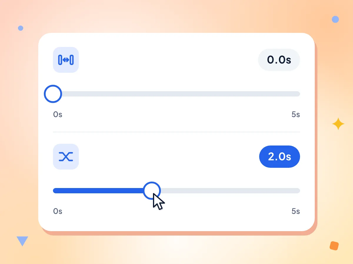 Audio-Merger-Einstellungen mit dem Lückenregler bei 0.0s und dem Überblendungsregler bei 2.0s, beide von 0 bis 5 Sekunden