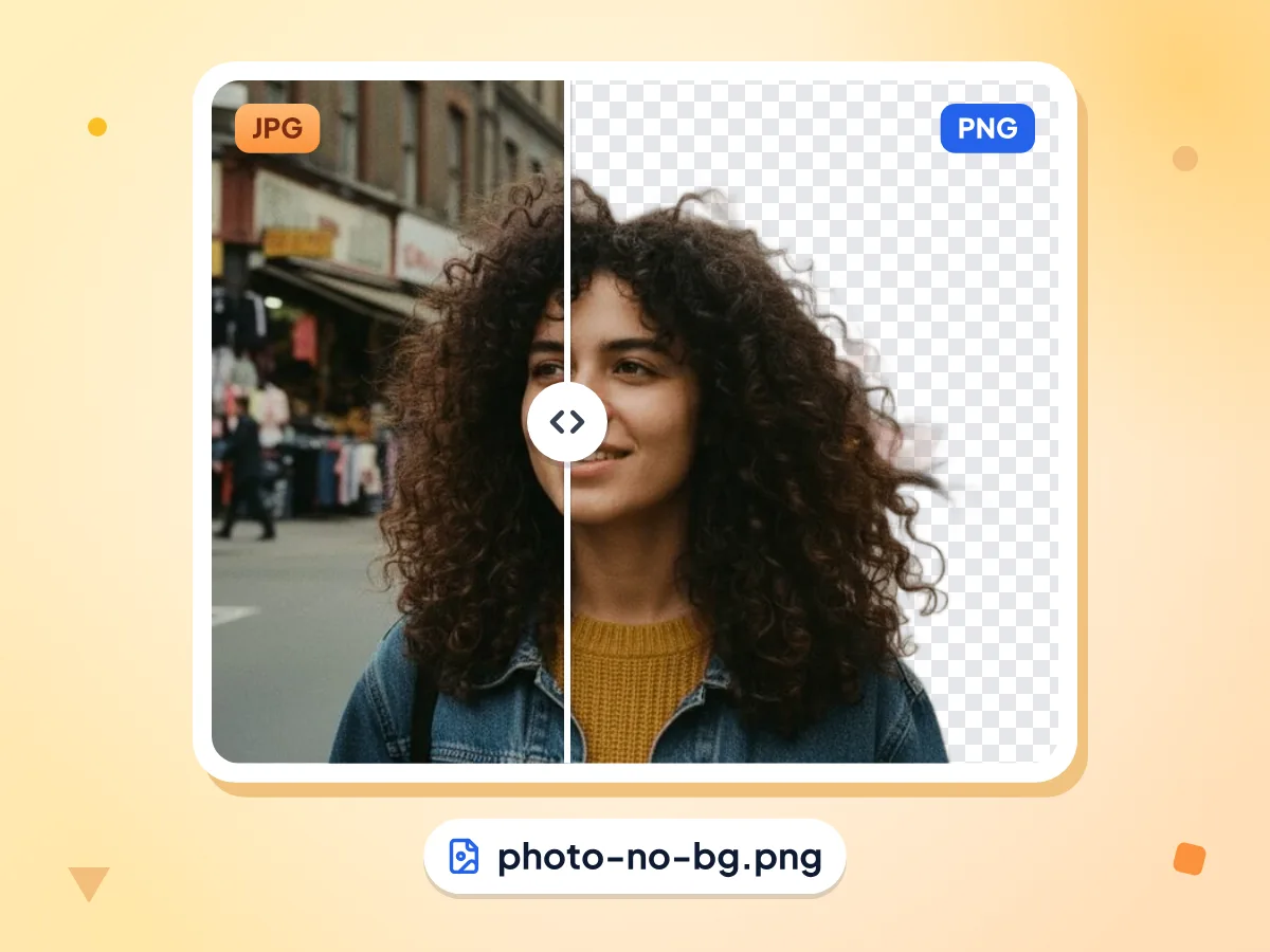 背景削除のビフォーアフター:街中に立つ巻き毛の女性を、元の写真と透過 PNG の切り抜きに分割