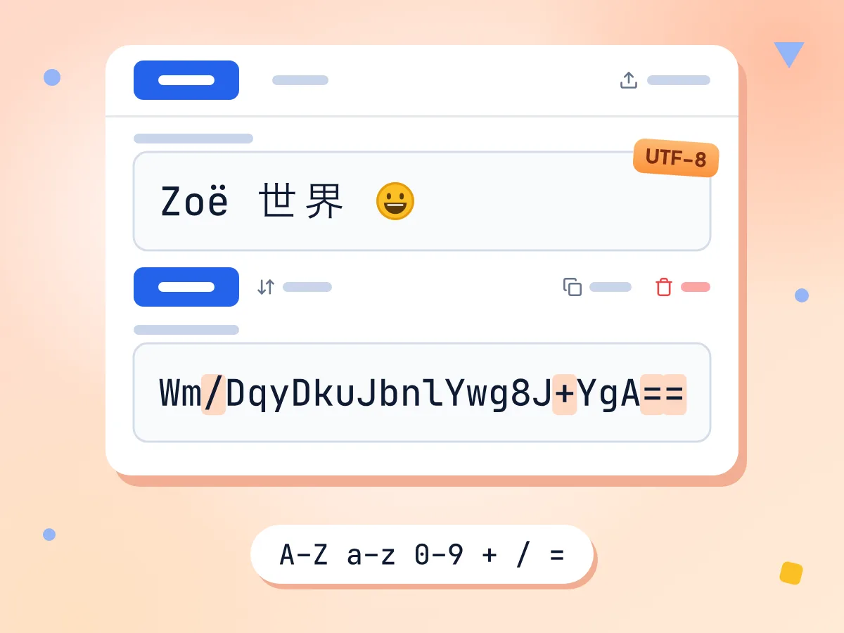 Base64 编码器,输入 Zoë 世界 和一个表情符号,输出 UTF-8 Base64 结果 Wm/DqyDkuJbnlYwg8J+YgA==