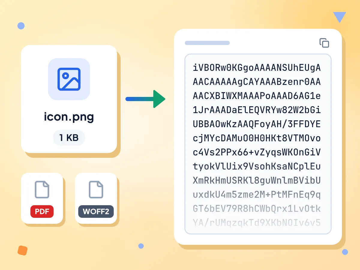 Base64 文件编码器:将 1 KB 的 icon.png 转成一长串 Base64 字符串,并展示 PDF 和 WOFF2 文件等其他输入