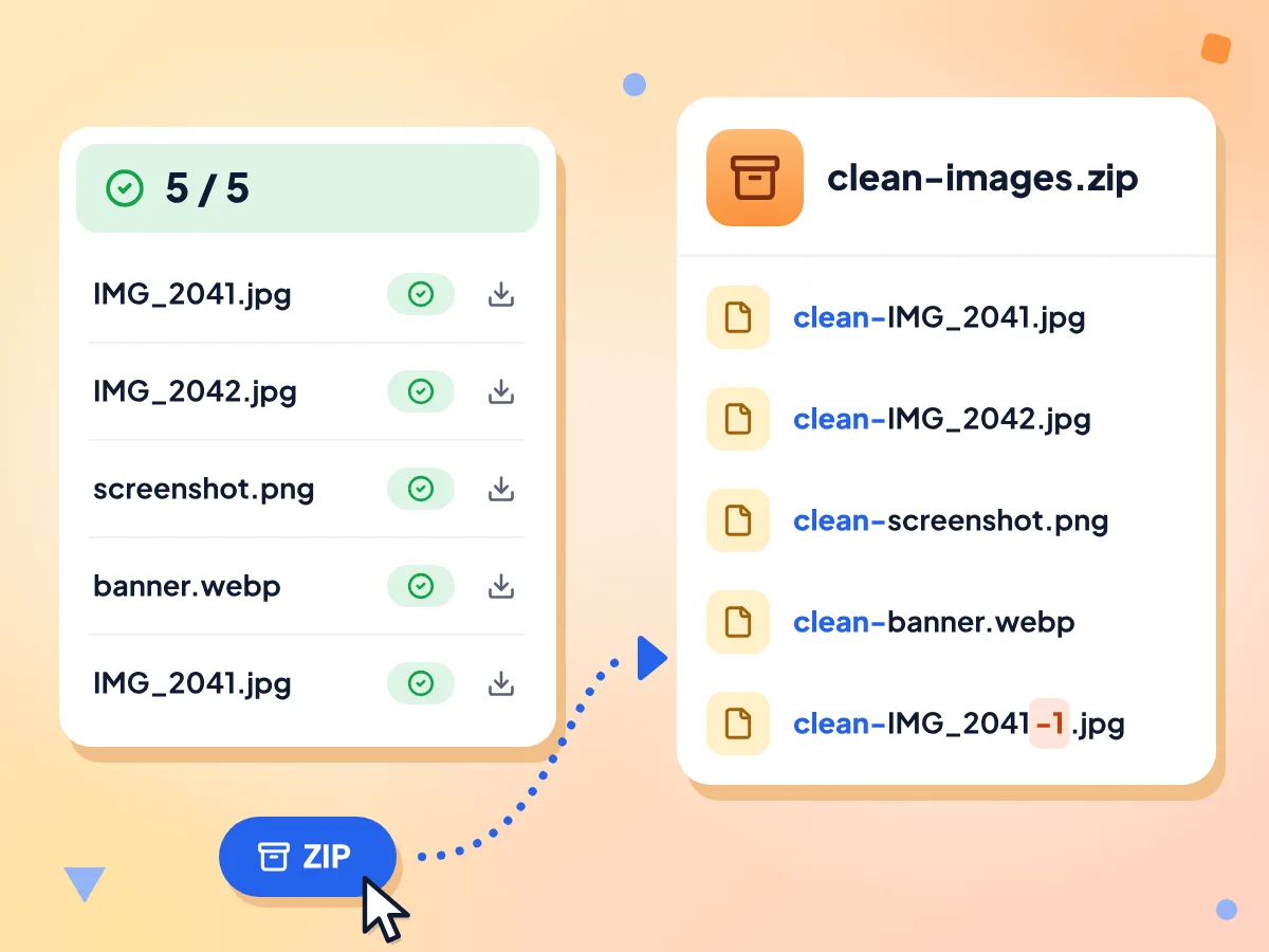 Toplu EXIF verisi kaldırma ve clean- önekli adlara sahip clean-images.zip dosyasını indirme; tekrar eden bir ada -1 eklenmiş
