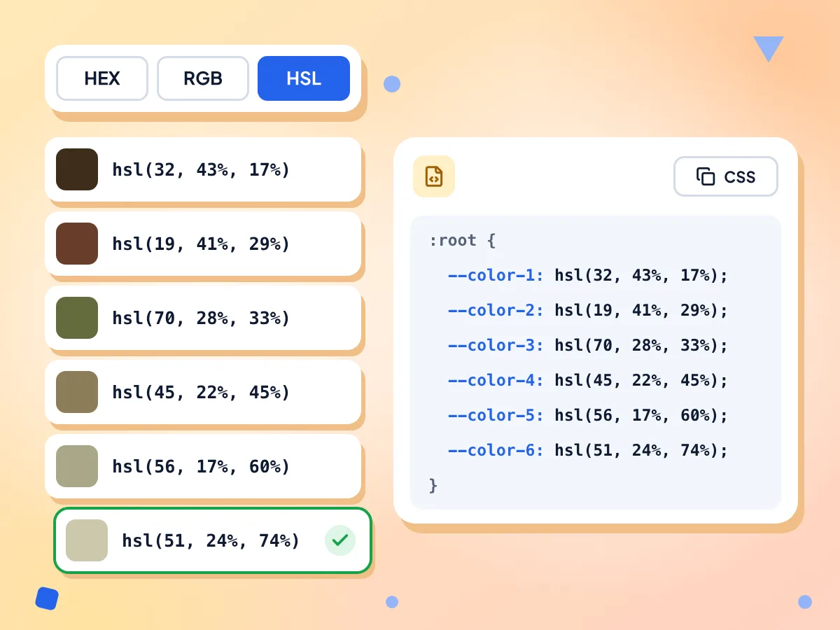 Farbpaletten-Extraktor mit HSL-Codes, einer davon kopiert, und einem CSS-Block mit --color-1 bis --color-6