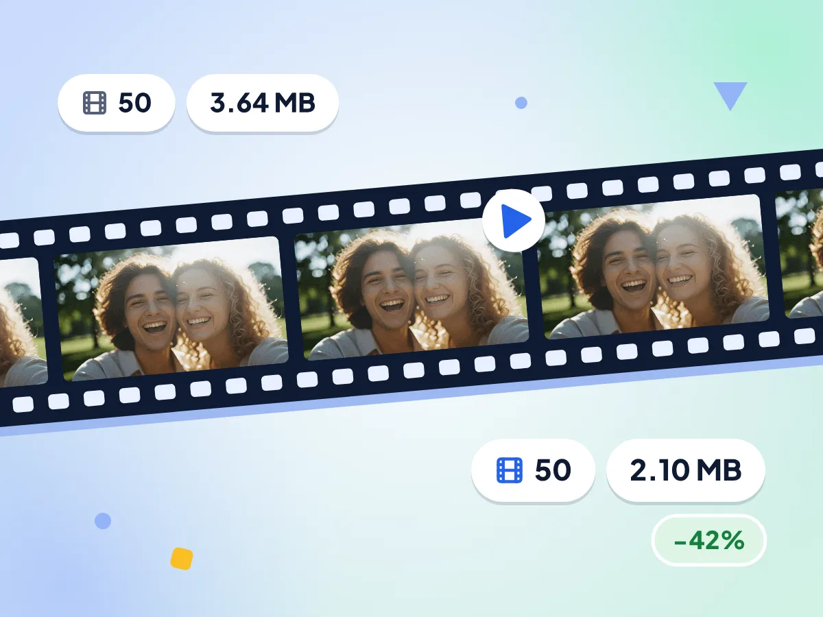 GIF compressor output: a film strip of 50 frames that still play, with the file cut from 3.64 MB to 2.10 MB