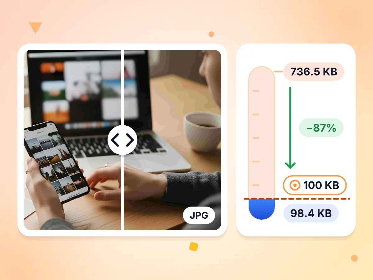 JPEG auf Zielgröße komprimieren: Ein Foto mit 736,5 KB schrumpft auf 98,4 KB unter einem Limit von 100 KB, 87 % kleiner