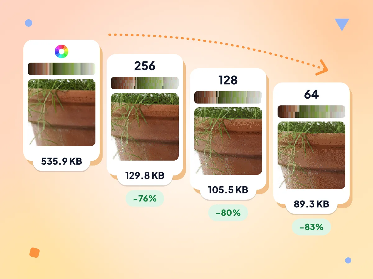 Compress PNG colors: the same plant close-up at All, 256, 128 and 64 colors, from 535.9 KB down to 89.3 KB