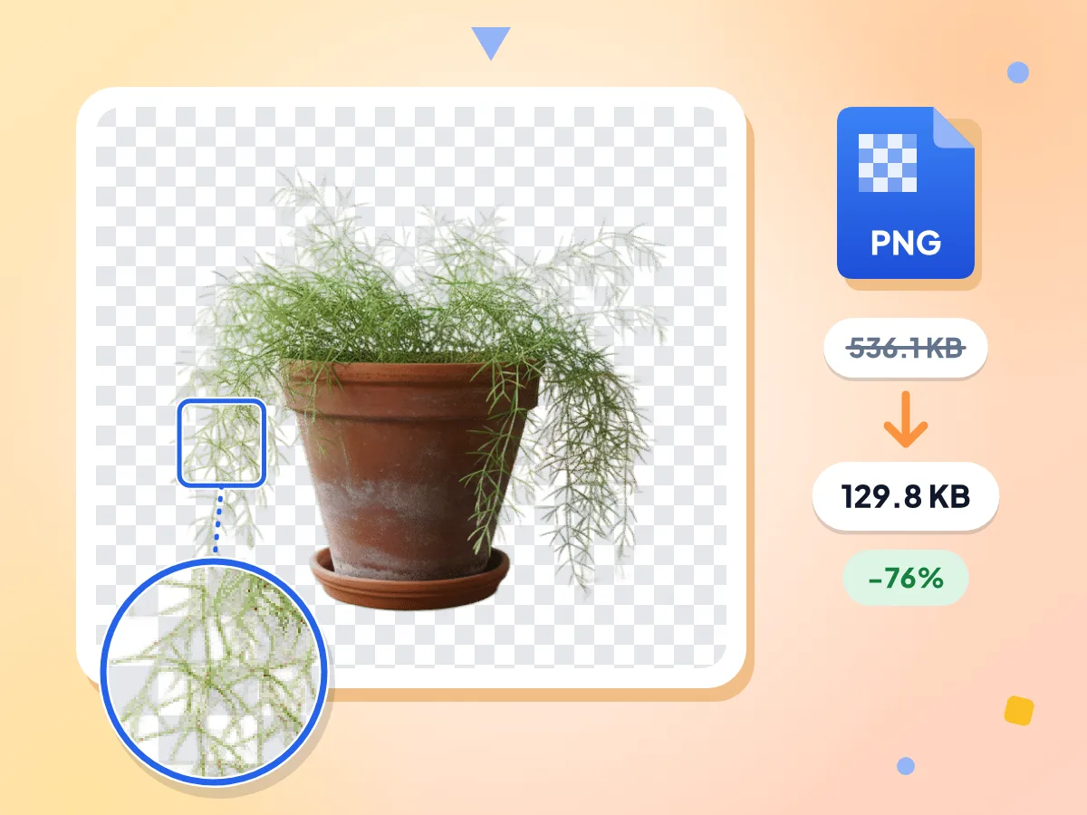 PNG compressor keeps transparency: a 256-color plant with soft edges on a checkerboard, 536.1 KB down to 129.8 KB