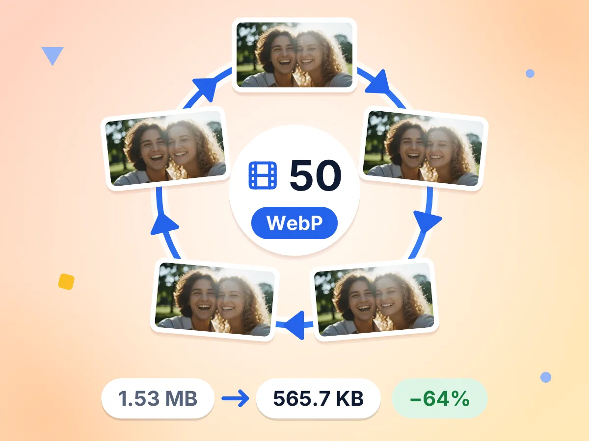 Comprimir una animación WebP: 50 fotogramas en bucle, reducidos de 1.53 MB a 565.7 KB, un 64% más ligero
