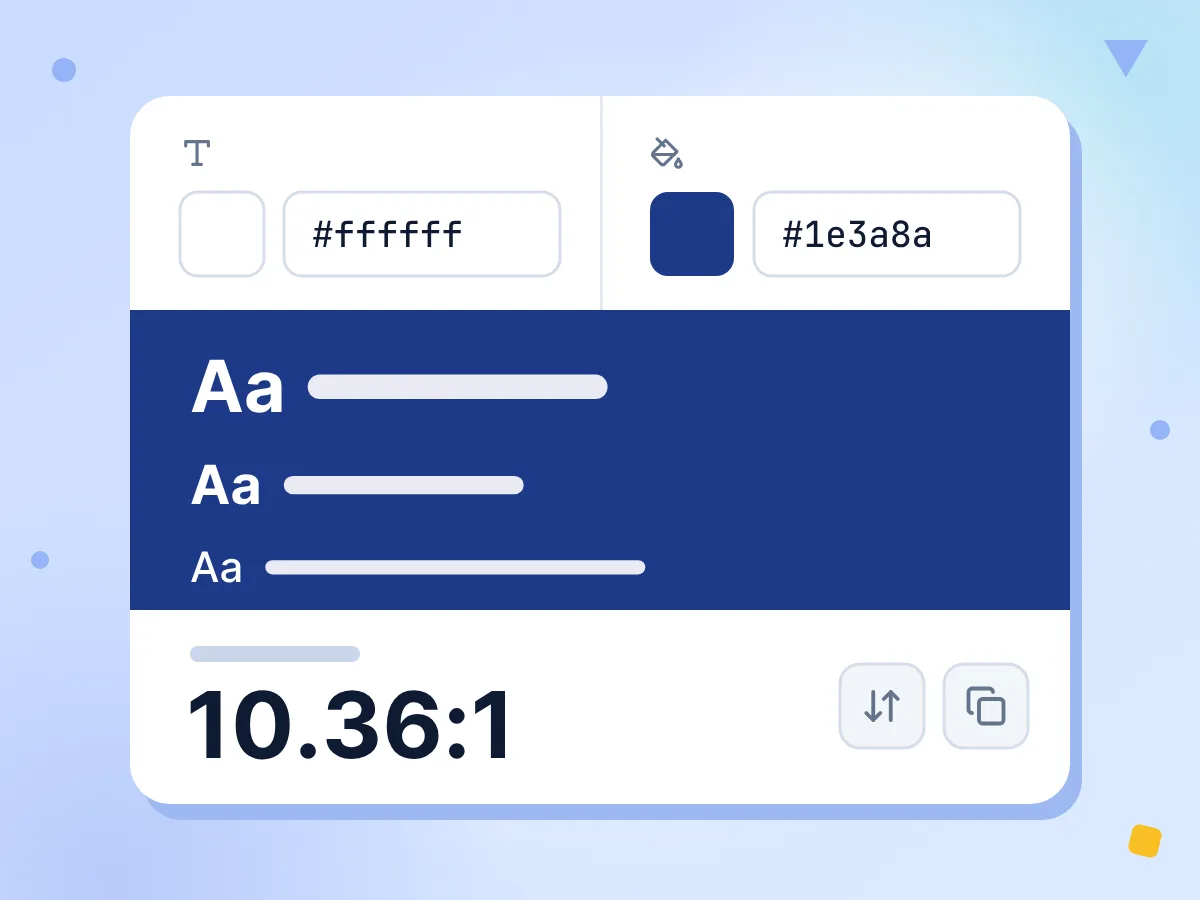 #1e3a8a の背景に白 #ffffff の文字を3つのサイズで表示したカラーコントラストチェッカーのプレビュー。コントラスト比は 10.36:1 です