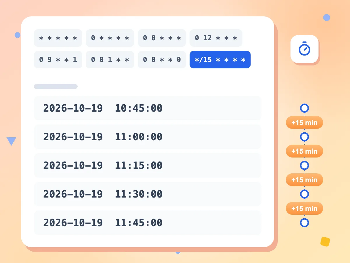 Prochaines exécutions cron pour */15 * * * * : 10:45, 11:00, 11:15, 11:30 et 11:45 le 2026-10-19, à 15 minutes d'intervalle
