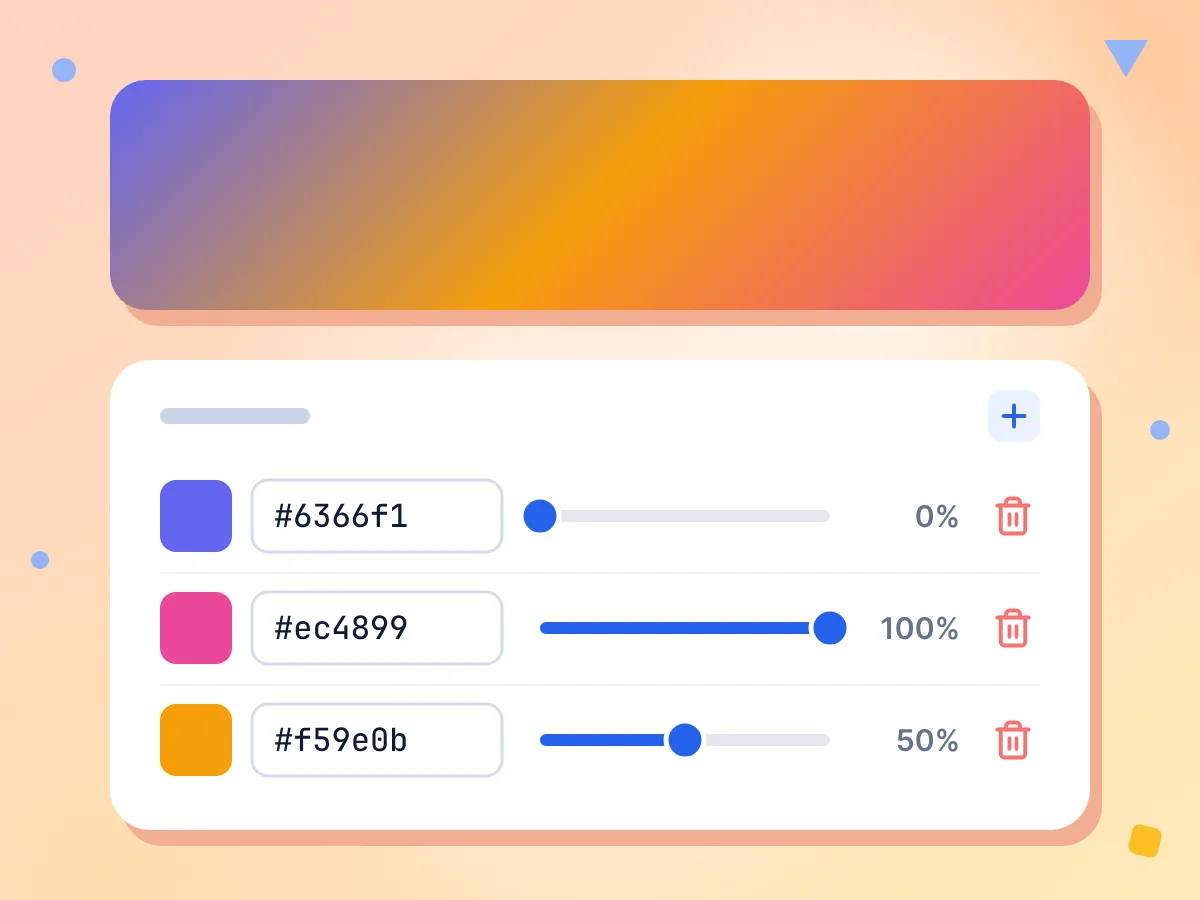 Paradas de color del generador de degradados CSS: #6366f1 al 0%, #ec4899 al 100% y #f59e0b al 50%, cada una con un control deslizante