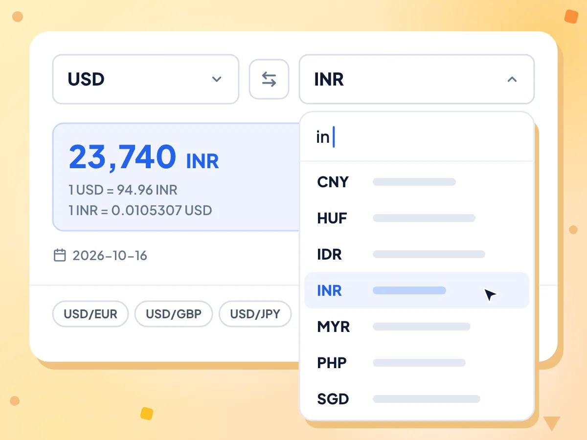 in ile filtrelenmiş para birimi dönüştürücü listesi: CNY, HUF, IDR, INR, MYR, PHP ve SGD gösteriliyor, 23,740 INR için INR seçili