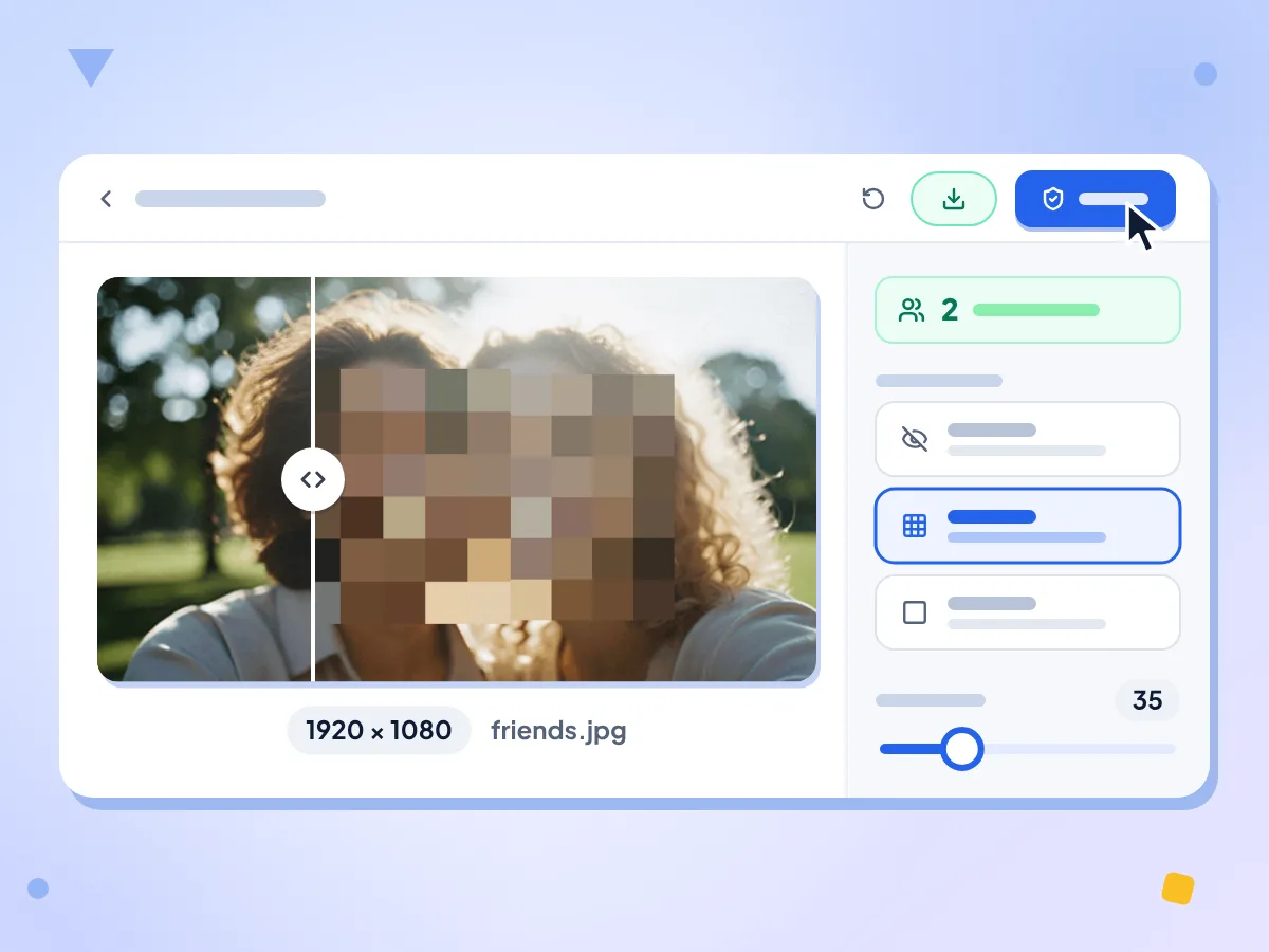 Gesichter-Weichzeichner-Editor mit zwei verpixelten Gesichtern in einem Foto mit 1920 × 1080, Gesichtsanzahl 2 und einem Vorher-Nachher-Regler