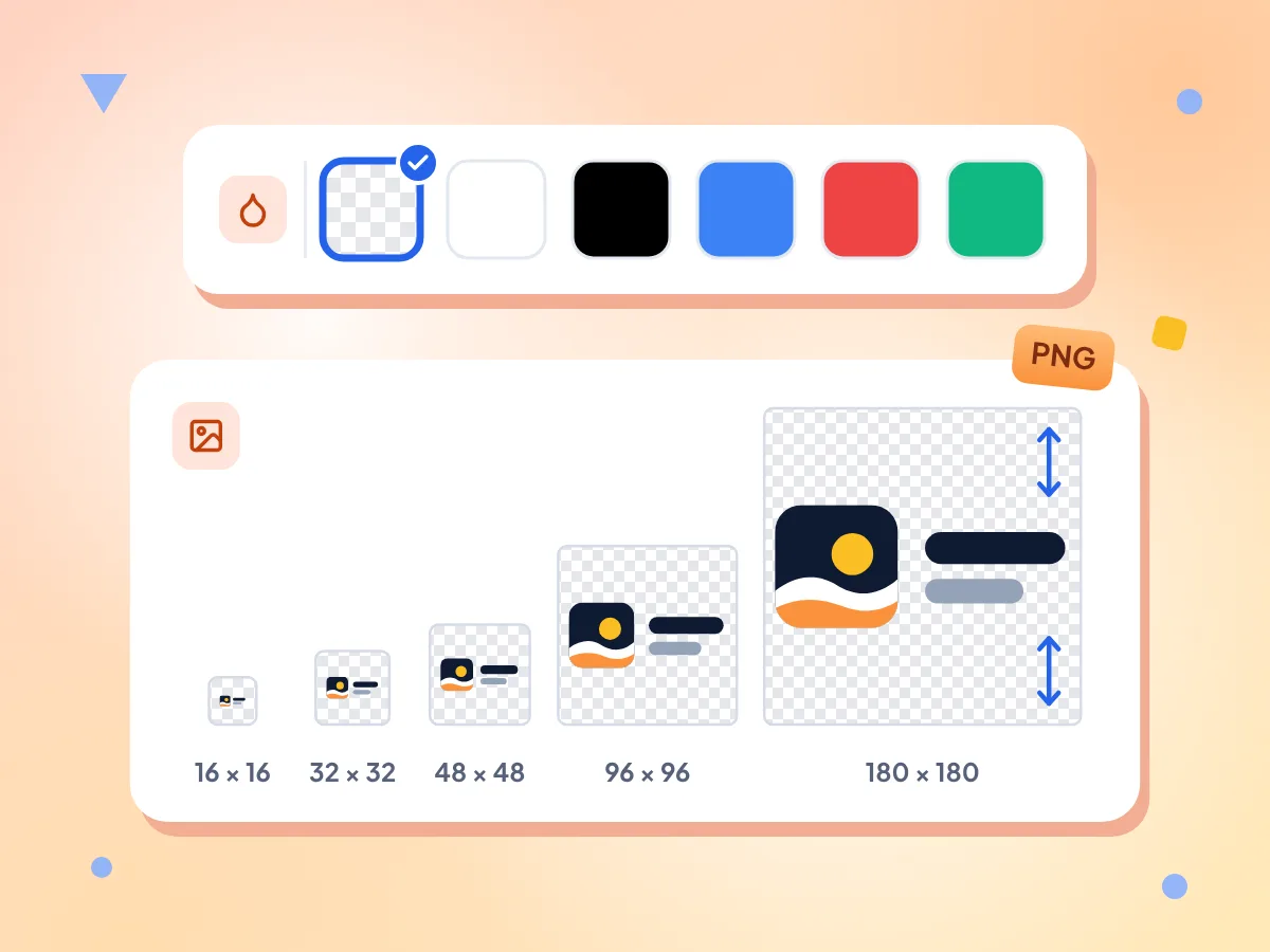 Hintergrundfarben im Favicon-Generator mit ausgewähltem Transparent und einem breiten Logo, zentriert von 16 × 16 bis 180 × 180