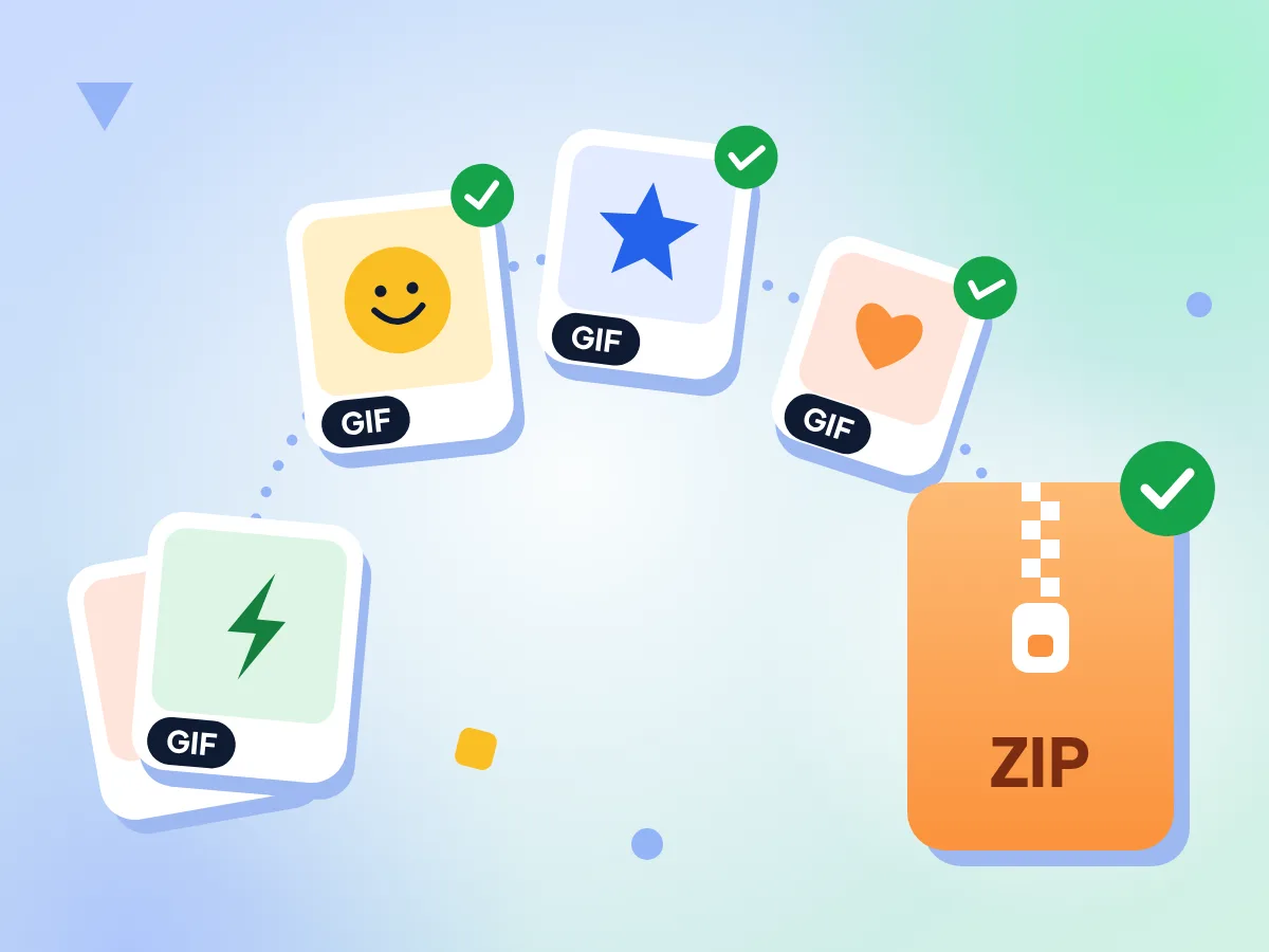 批量处理 GIF 文件：多个 GIF 文件从一叠中飞入一个 ZIP 文件，每个都标有已完成