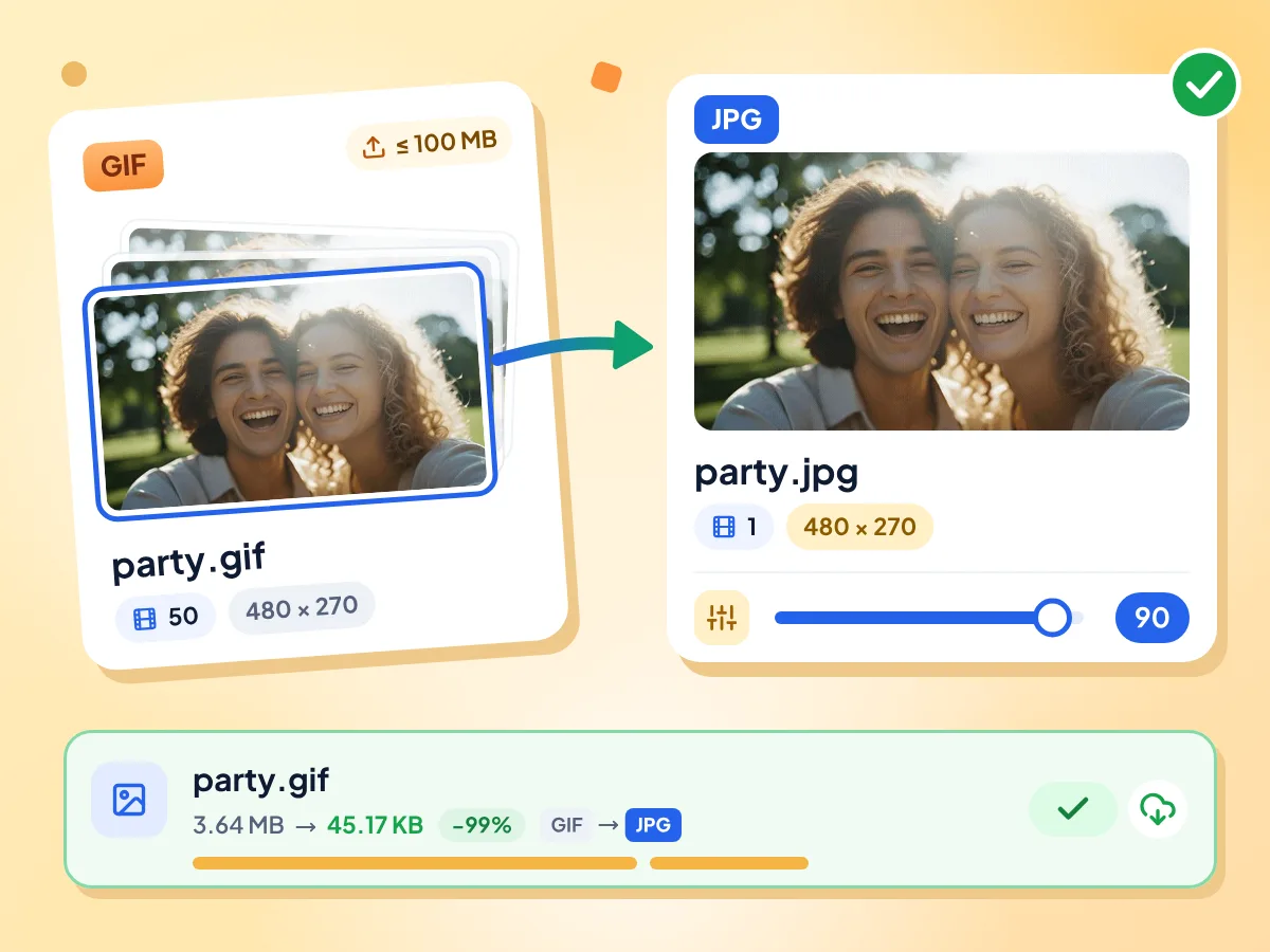 GIF 转 JPG 转换器：包含 50 帧的 party.gif 变成一张首帧 JPG，尺寸仍为 480 × 270，质量 90