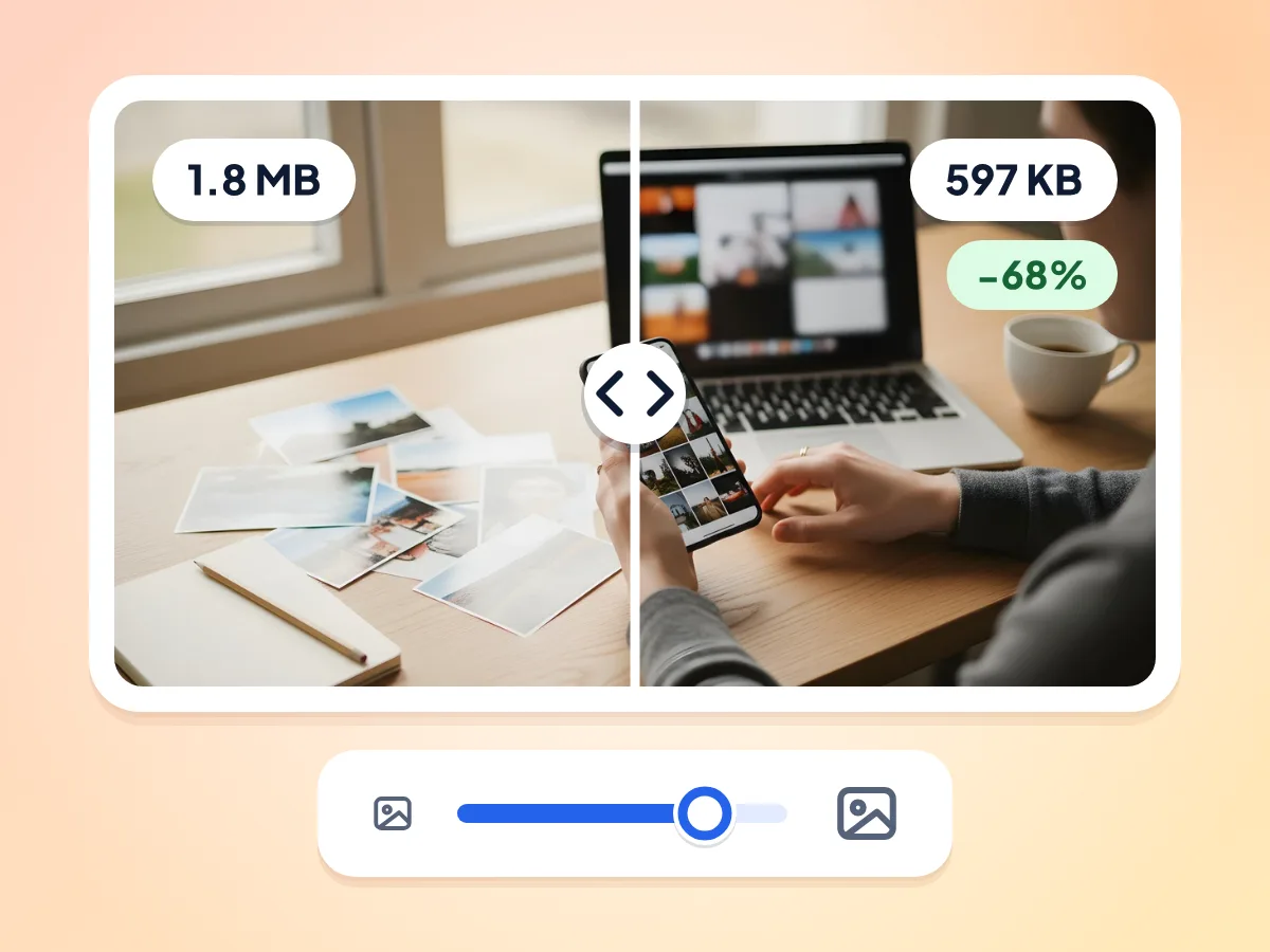 压缩前后对比:同一张照片从 1.8 MB 变为 597 KB,缩小 68%,上方是质量滑块