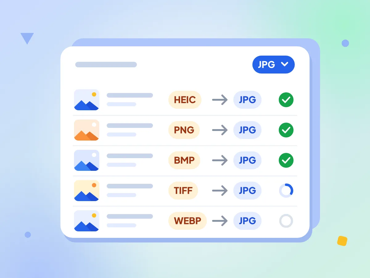 Bulk image conversion: five photos in HEIC, PNG, BMP, TIFF and WEBP, each converting to JPG with its own status