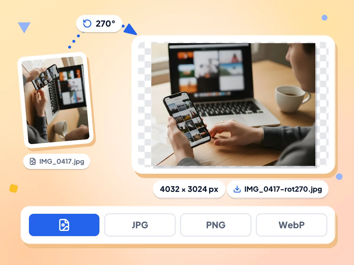 旋转图片并保持格式:一张横躺的桌面照片旋转 270 度变为 4032 × 3024 px,并保存为 JPG