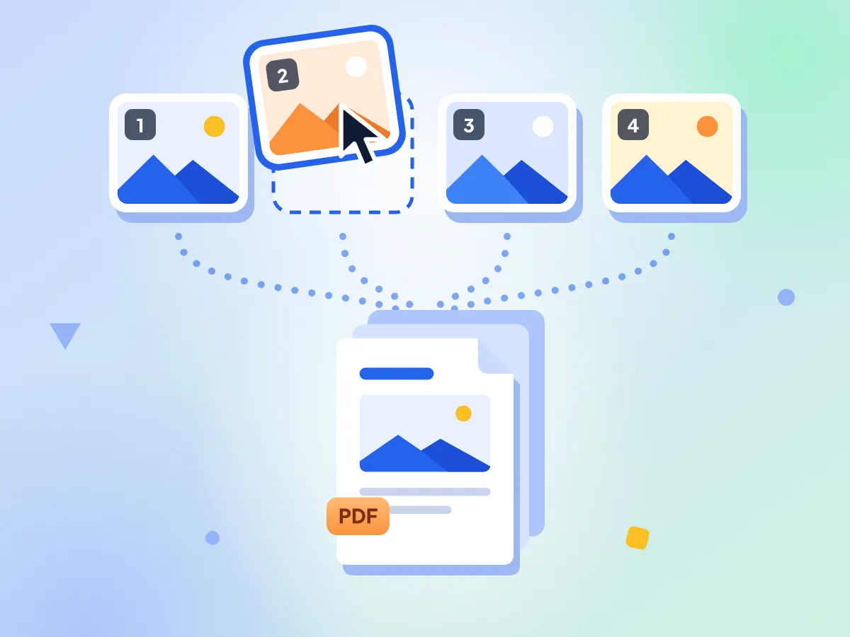 Combina imágenes en un solo PDF: cuatro fotos numeradas, una arrastrada para reordenarla, se unen en un PDF de varias páginas