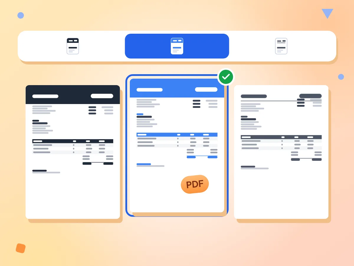 Invoice generator templates: Classic, Modern and Minimal A4 invoices side by side, with Modern selected