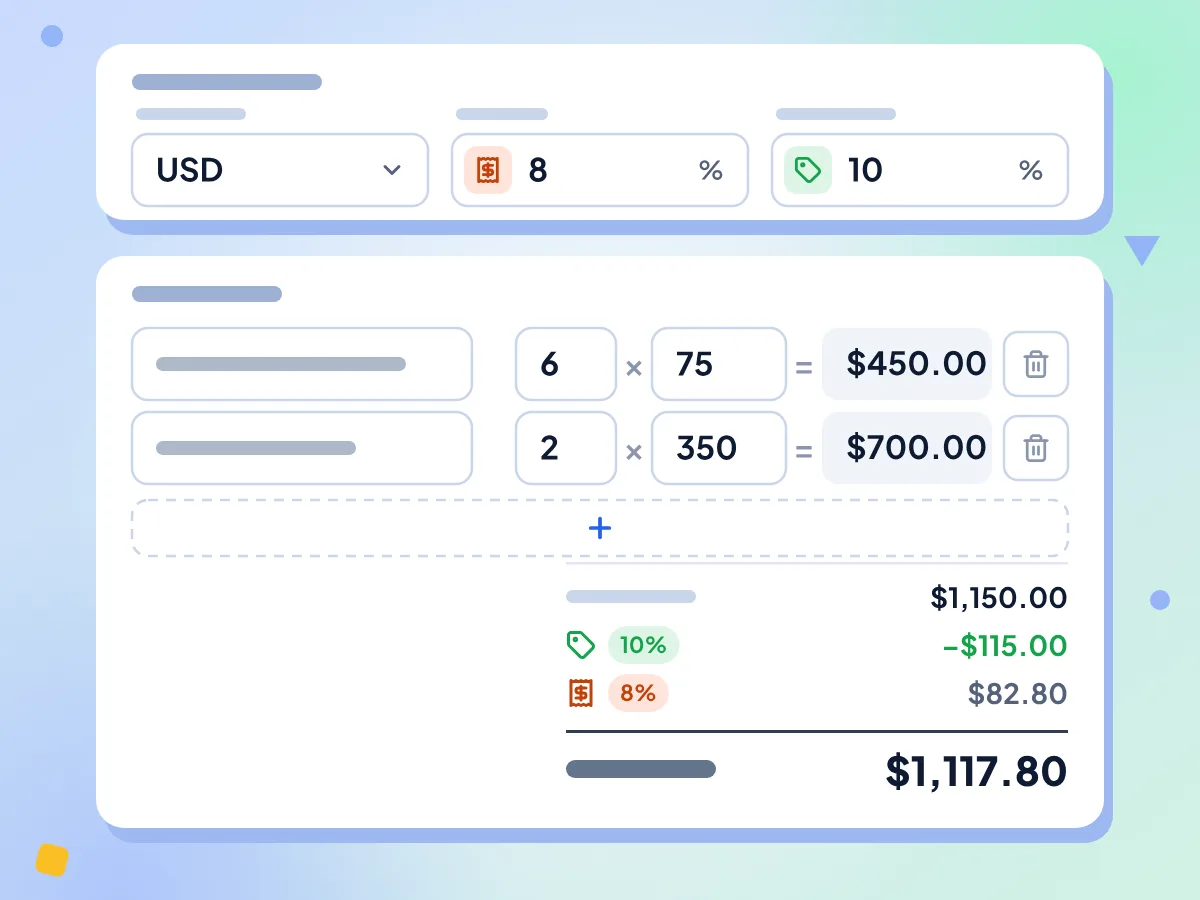 Invoice generator tax and discount: lines of 6 × 75 and 2 × 350, 10% discount, 8% tax and $1,117.80 total due