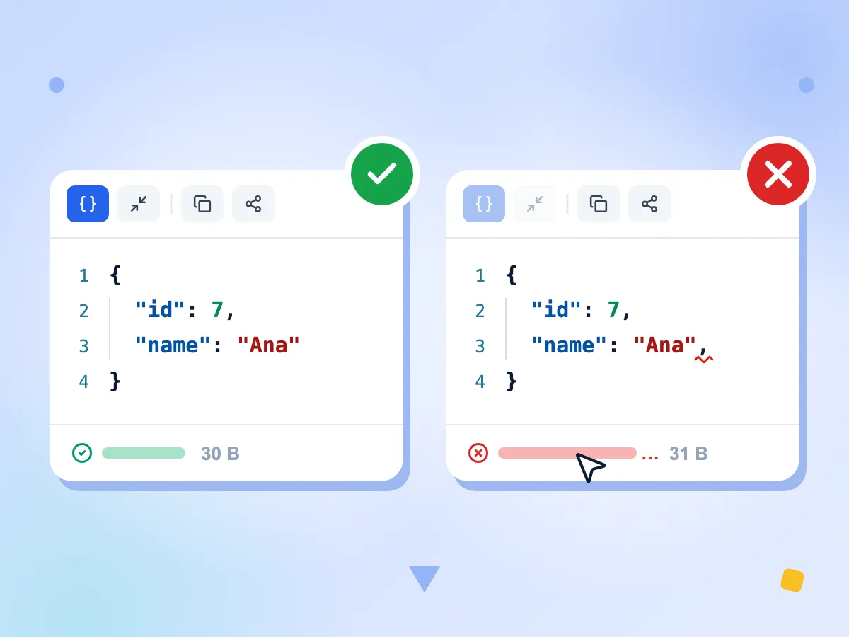 Geçerli JSON için yeşil onay işareti ve sondaki virgülde kırmızı işaret gösteren JSON doğrulayıcı, biçimlendir düğmesi devre dışı