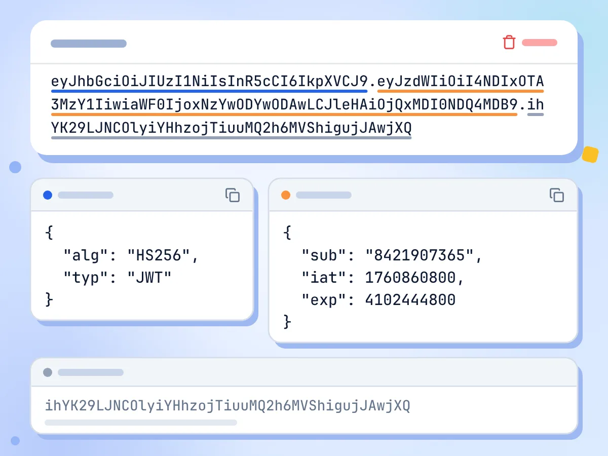 JWT-Decoder mit einem HS256-Beispieltoken, aufgeteilt in Header, Payload und Signatur, jeweils als eingerücktes JSON dargestellt