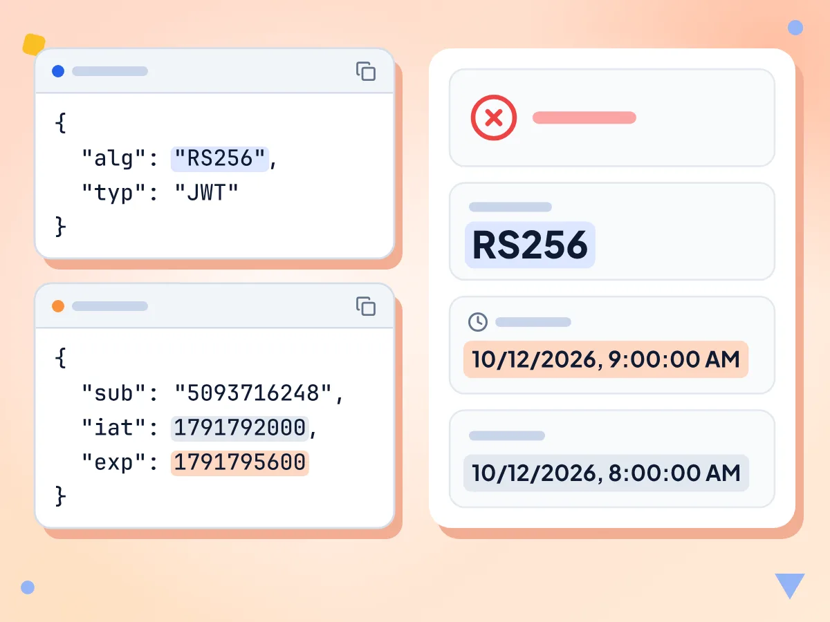 JWT-Decoder-Status für ein abgelaufenes RS256-Token, die Claims exp und iat werden als Datum 10/12/2026 in Ortszeit angezeigt
