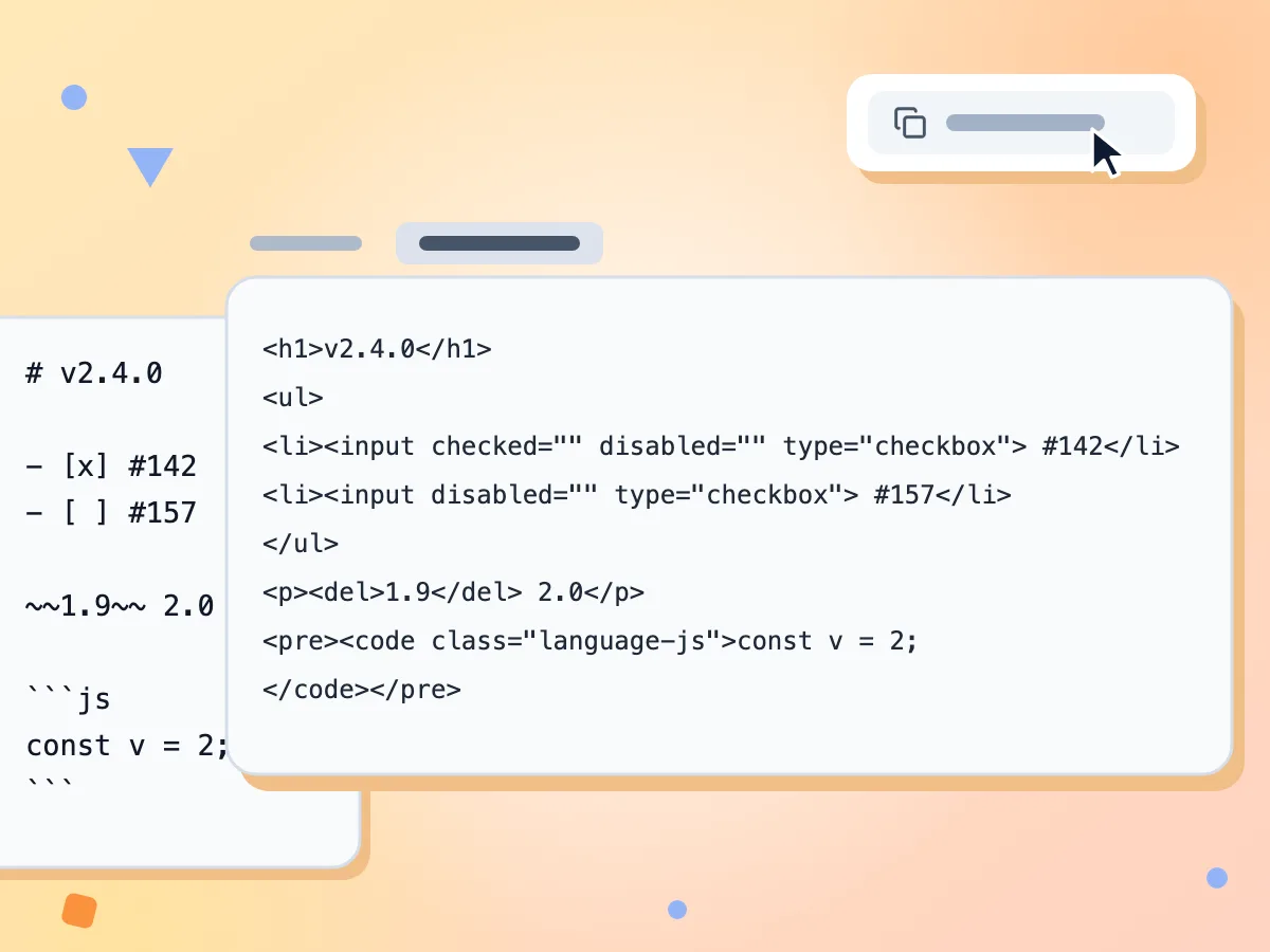 Markdown-zu-HTML-Quelltextansicht mit dem HTML-Fragment, von <h1>v2.4.0</h1> bis zu einem Codeblock mit der Klasse language-js