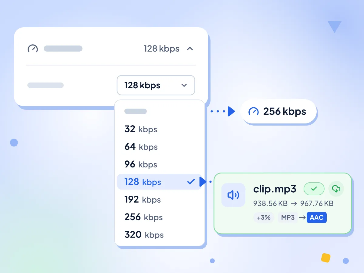 MP3'ten AAC'ye bit hızı listesi 128 kbps olarak ayarlı, Otomatik 256 kbps, clip.mp3 ise 938,56 KB'tan 967,76 KB'a çıkıyor