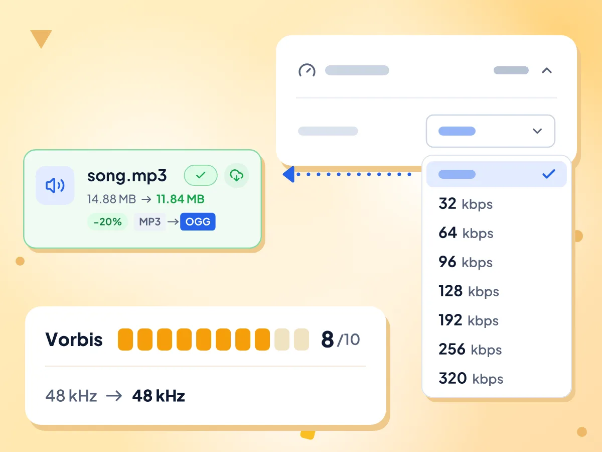 MP3'ten OGG'ye bit hızı menüsü Otomatik'te; bu, Vorbis kalite 8/10 demektir. song.mp3 48 kHz'de 14,88 MB'tan 11,84 MB'a iniyor