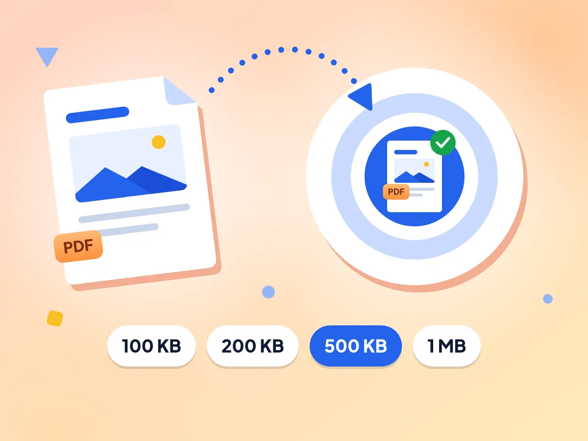 Compresser un PDF à une taille cible : une page PDF vole vers une cible au-dessus des préréglages 100 KB, 200 KB, 500 KB et 1 MB