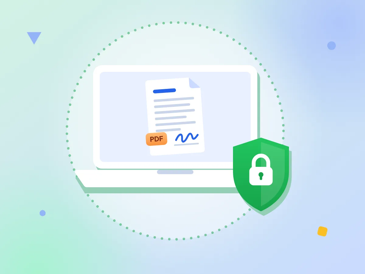 Vos fichiers PDF restent sur votre appareil : un PDF de contrat sur un écran d'ordinateur portable dans un cercle en pointillés, avec un bouclier vert