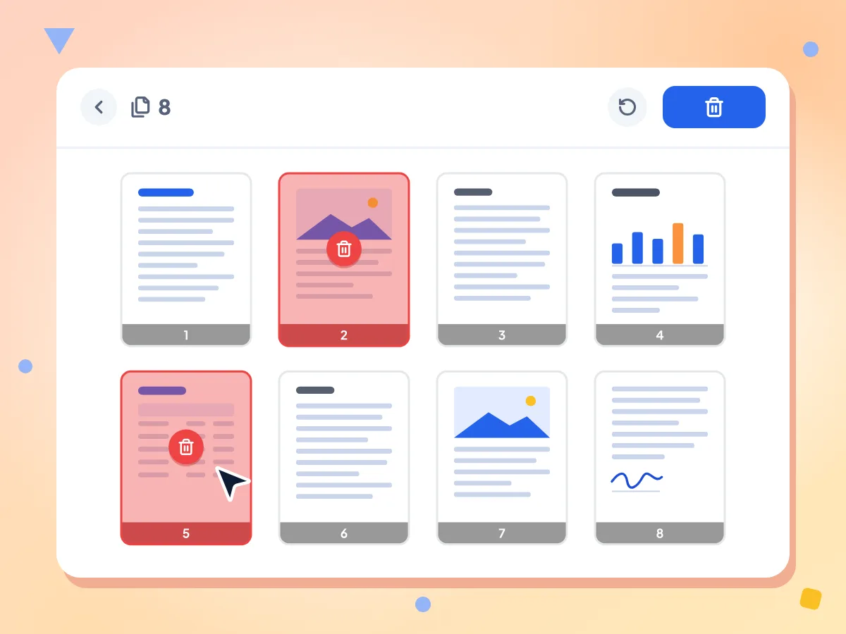 Delete PDF pages by clicking them: a grid of 8 page thumbnails with pages 2 and 5 covered in red with a trash icon