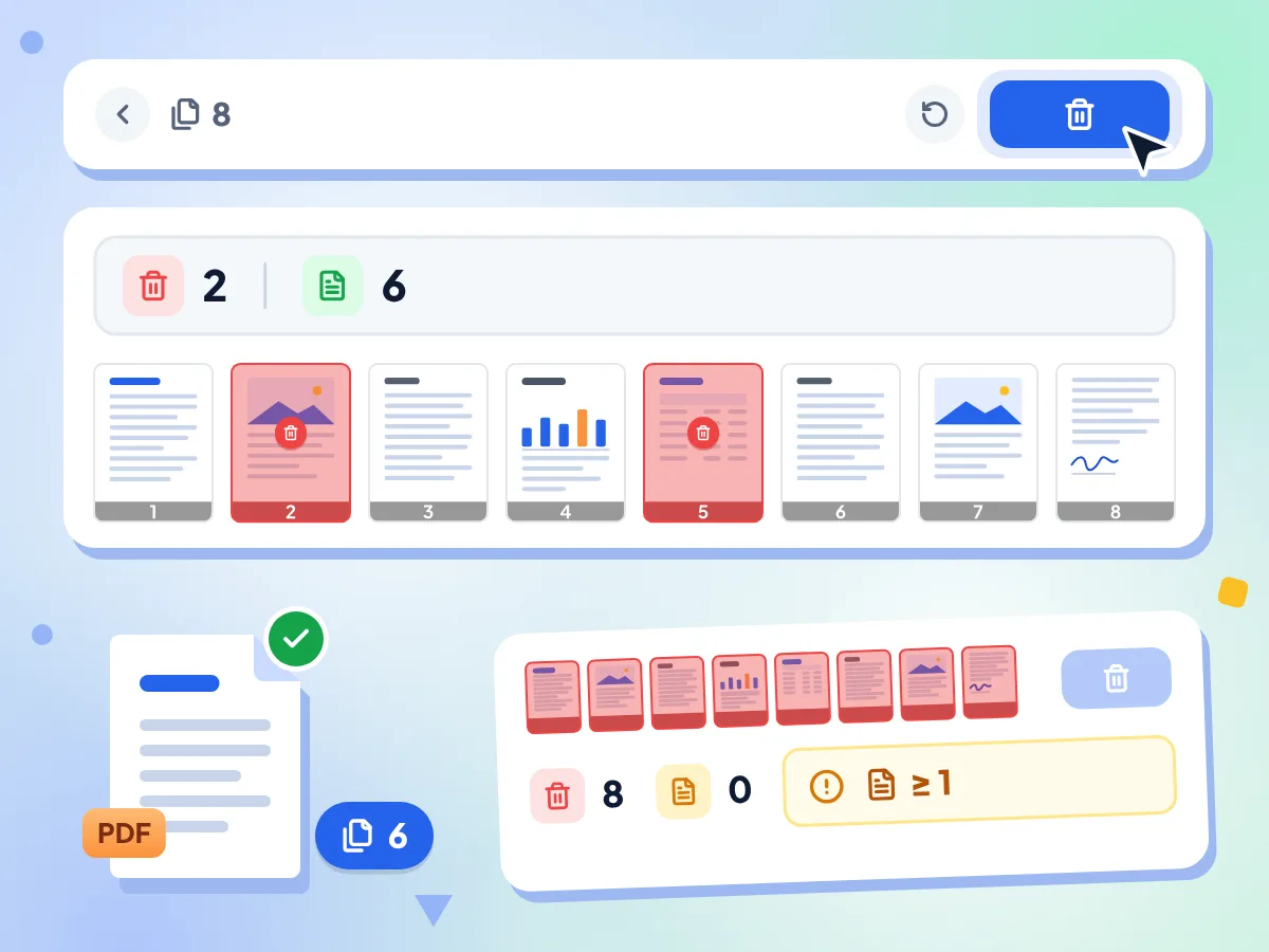 Remove several PDF pages at once: a count of 2 to remove and 6 left, a blue trash button, and an all-marked file blocked