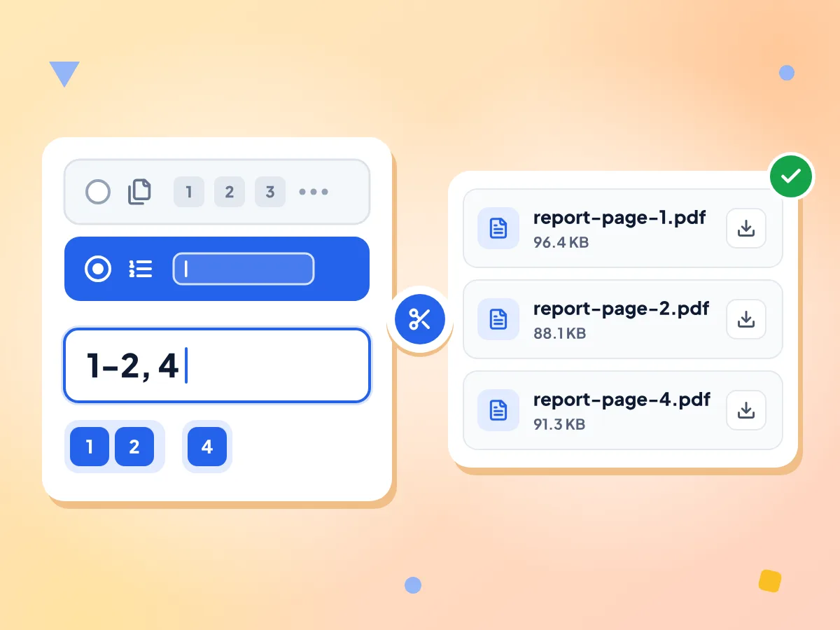 Split PDF by page range: typing 1-2, 4 gives report-page-1, 2 and 4 as separate PDF files, each with a download icon